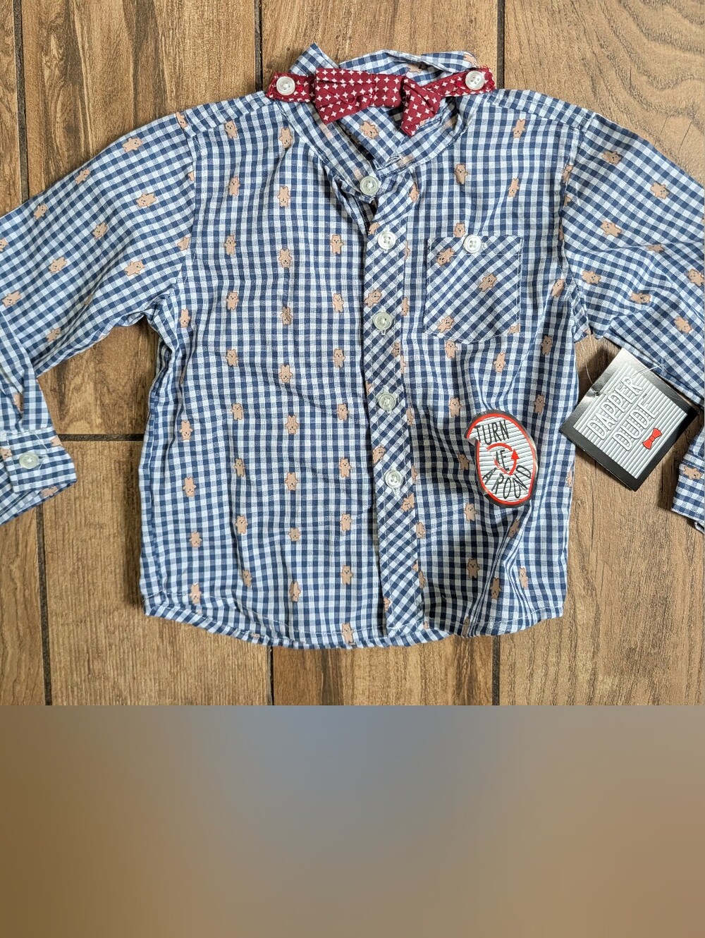 Boys Blue Gingham Button-Up Shirt with Bow Tie, Dapper Dude, Bear Print NWT, 24m